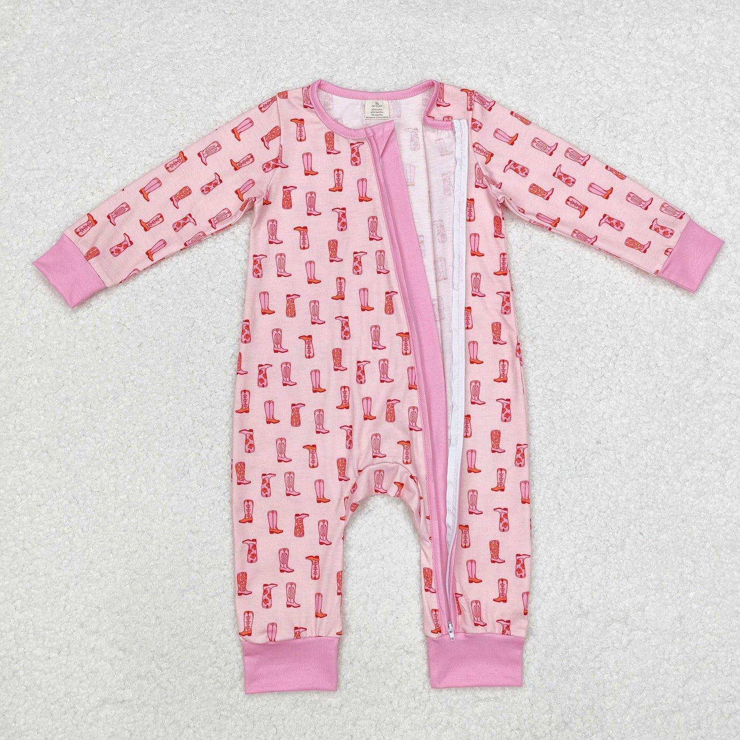 Western pink boots print Baby Romper With zipper( material contains bamboo )