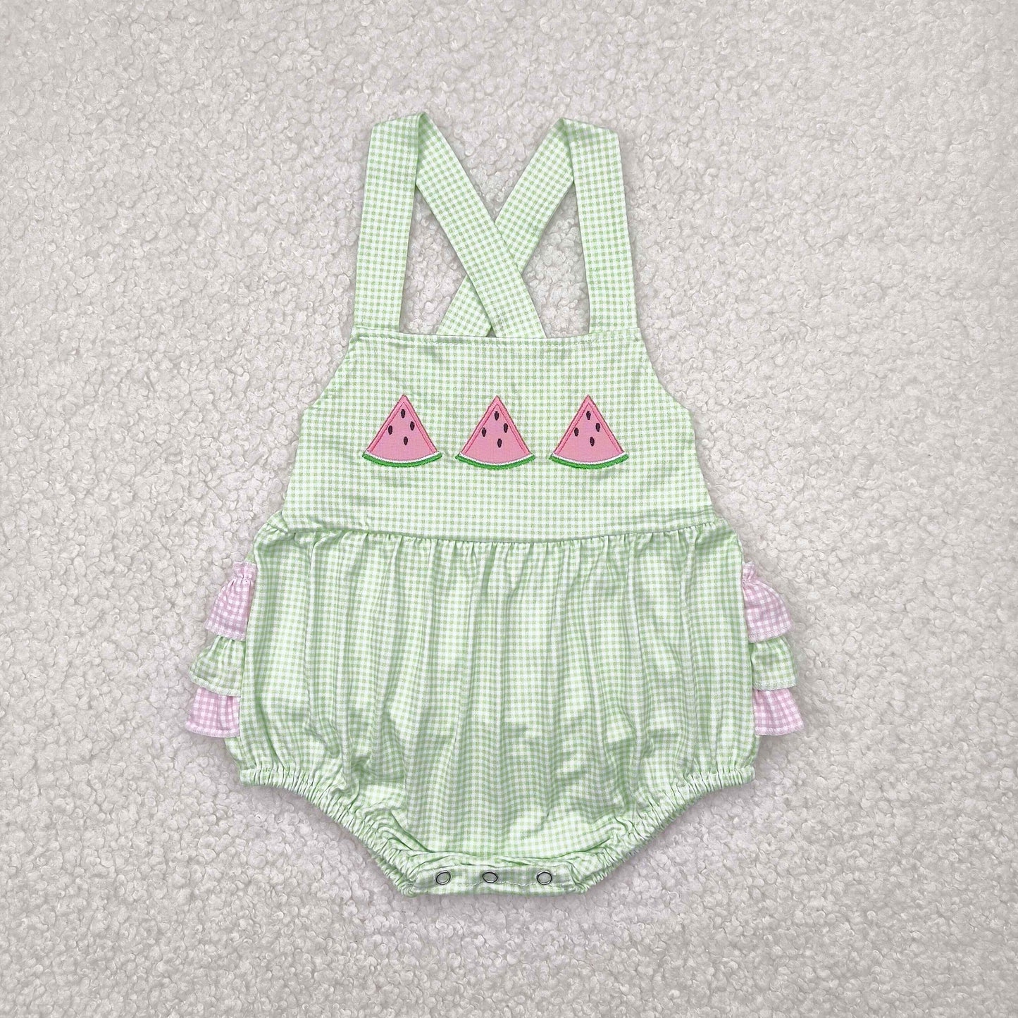 Watermelon embroidery green plaid Baby Romper