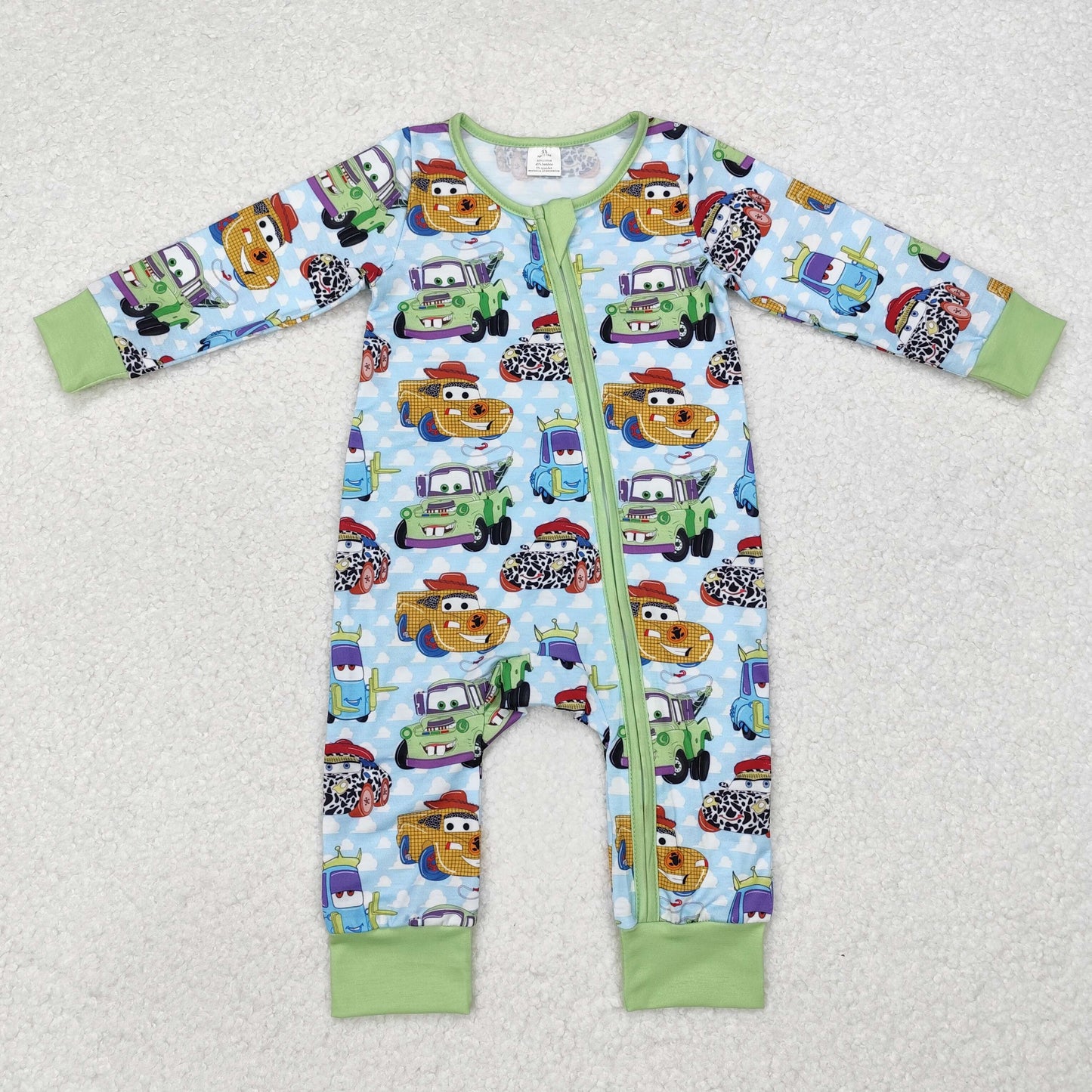 Green car With Zipper print Long Sleeve romper ( material contains bamboo )