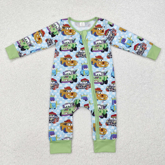 Green car With Zipper print Long Sleeve romper ( material contains bamboo )
