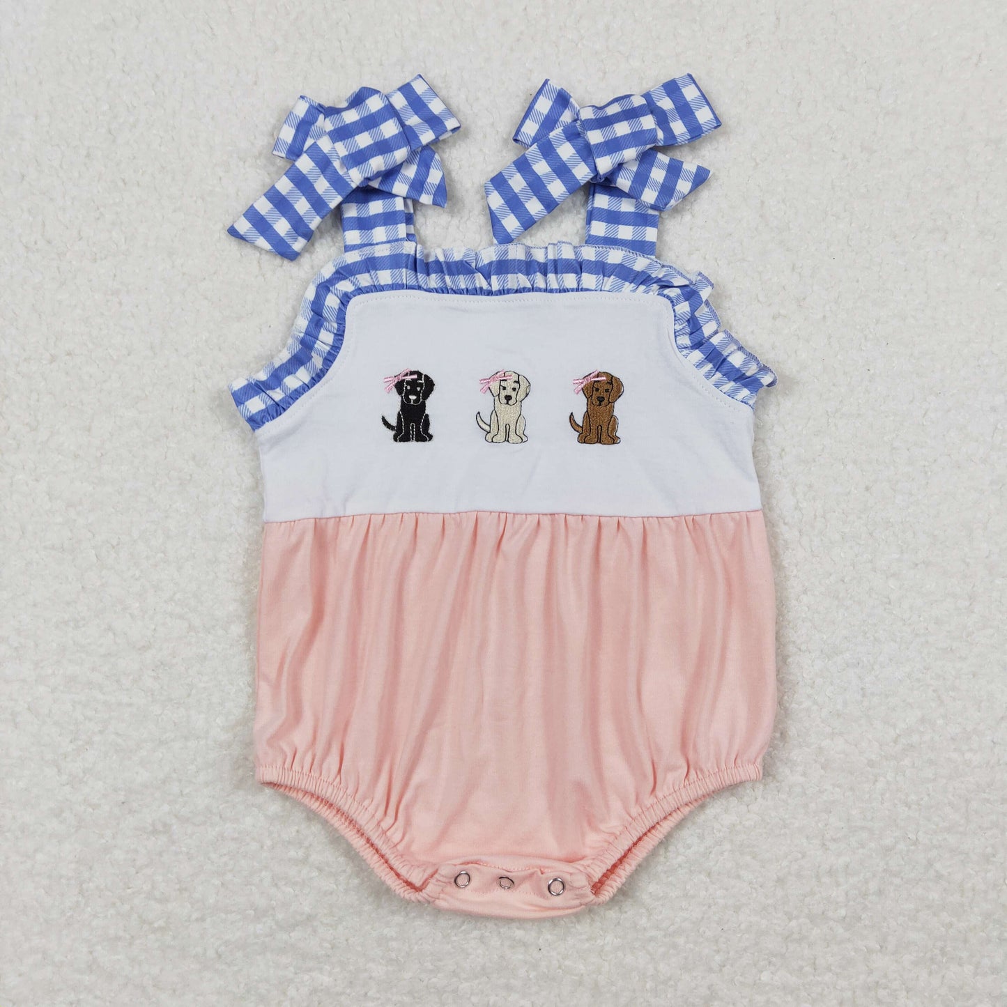blue plaid Embroidered Dog Baby Romper