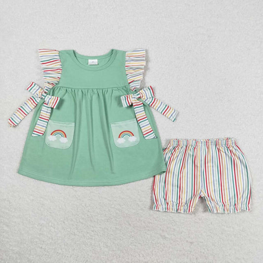Green Rainbow Print flutter Summer Girls Set