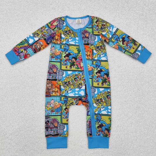 Blue cartoon print Baby Romper With zipper( material contains bamboo )
