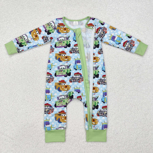 Green car With Zipper print Long Sleeve romper ( material contains bamboo )