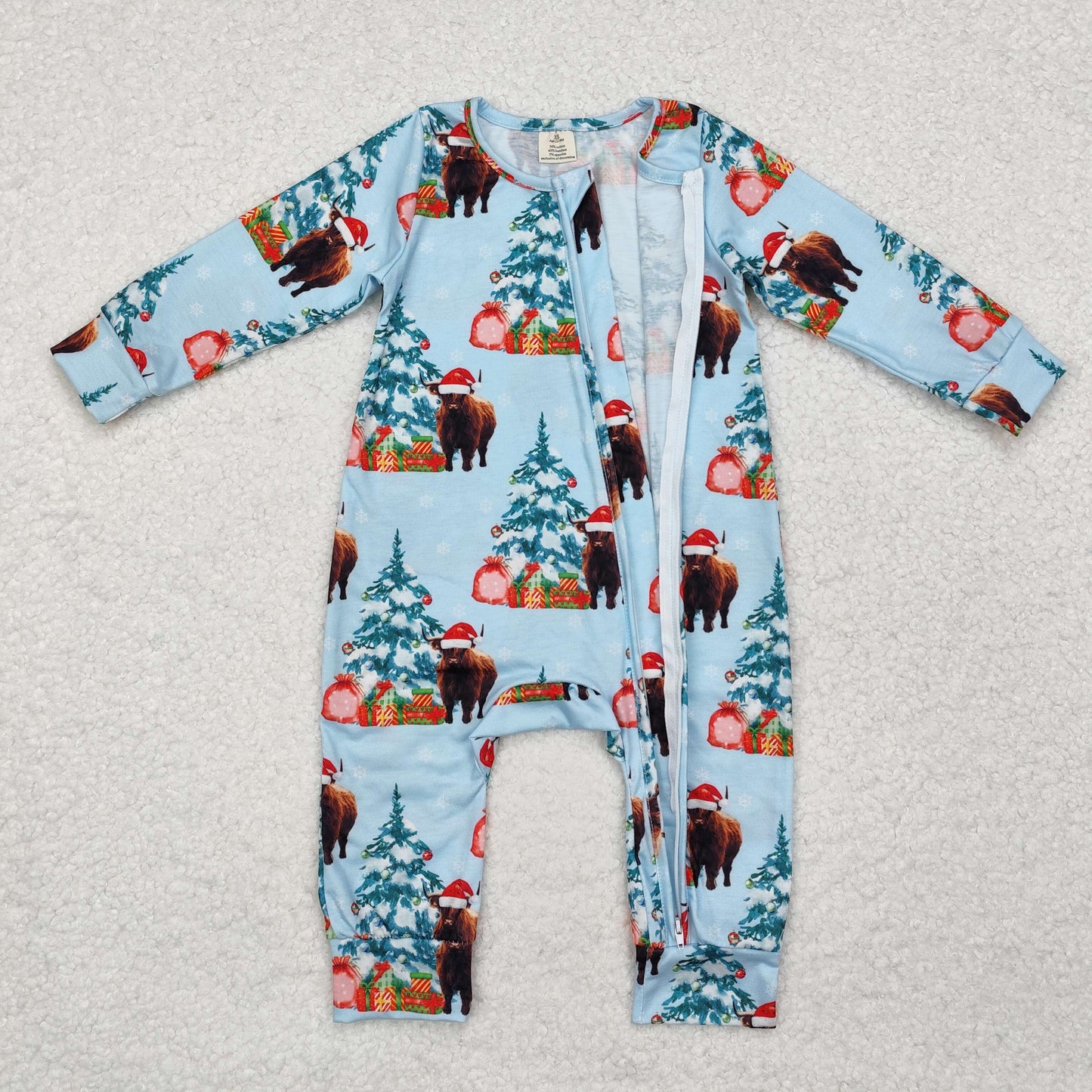 Christmas blue cow print Baby Romper With zipper( material contains bamboo )
