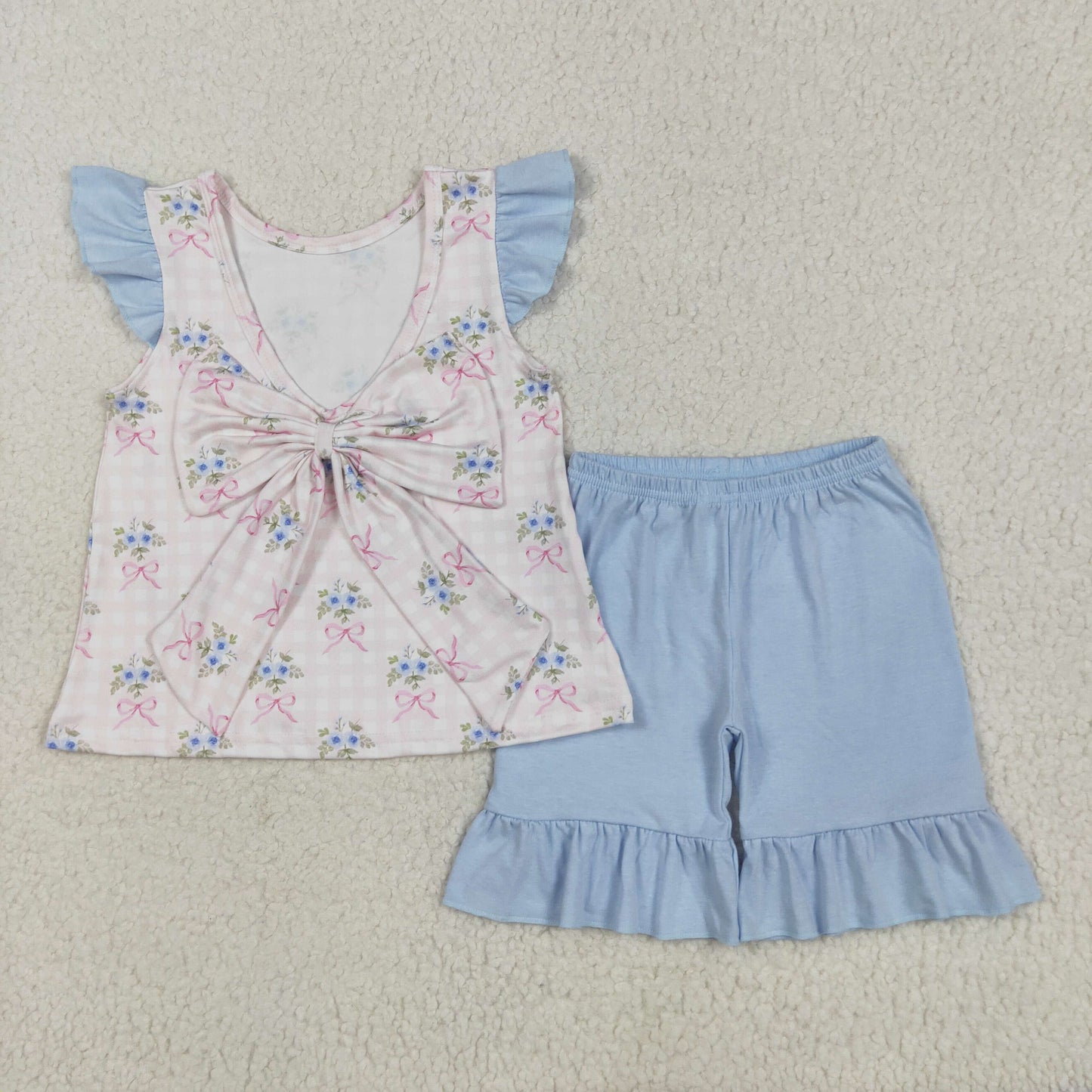 pink plaid blue flowers embroidery Girls Suit Summer Set