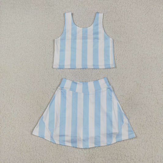 Blue stripe print sleeveless girl yoga set