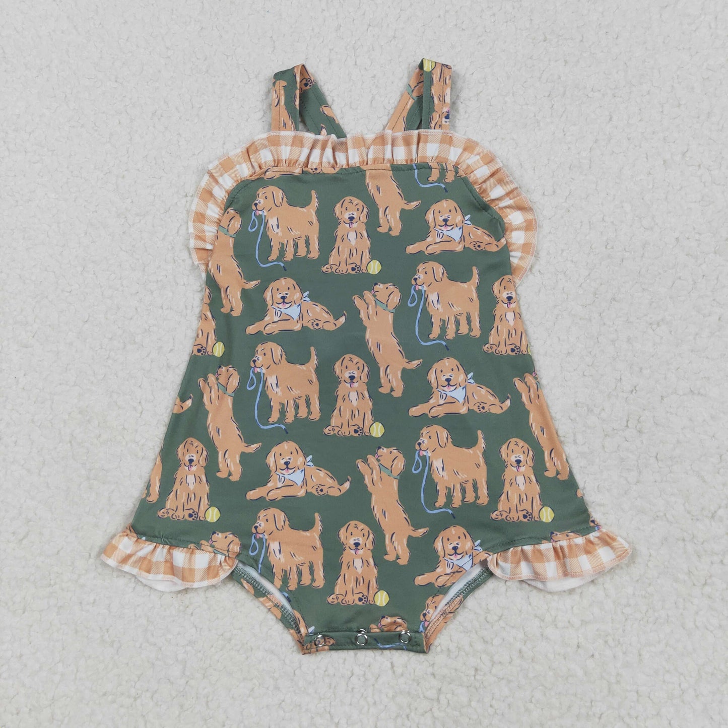 puppy brown plaid Baby Romper