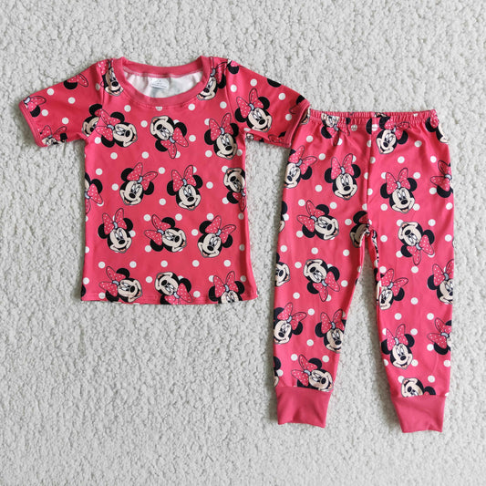 hot pink cartoon short sleeve girls pajamas Set
