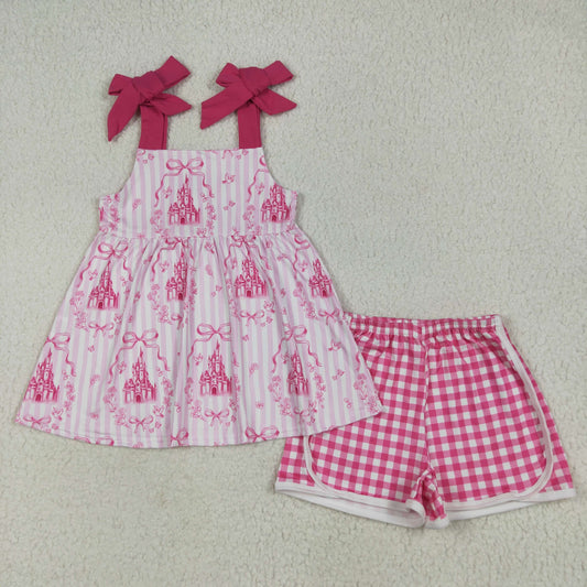 pink castle bows print Girls Suit Summer Set GSSO2582