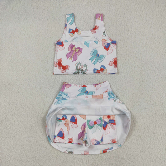 Cartoon Bows print sleeveless girl yoga set