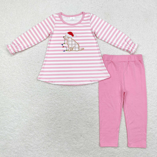 Christmas Pink Stripe Embroidered Dog Girls Set
