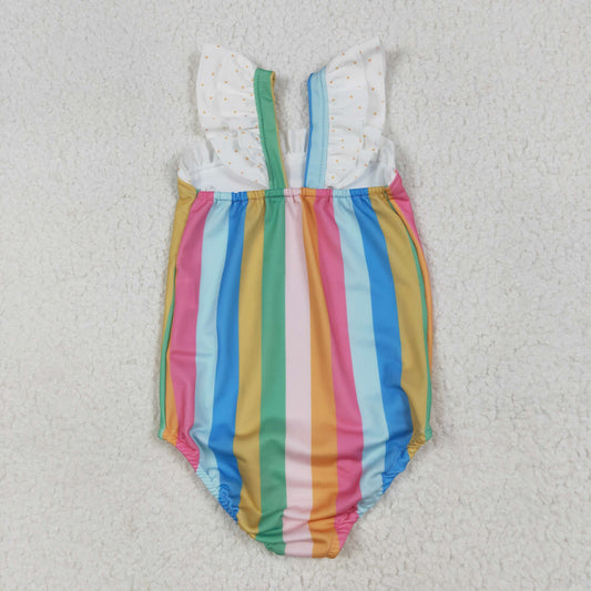 colorful stripe print flying sleeve girl Swimsuit S0550