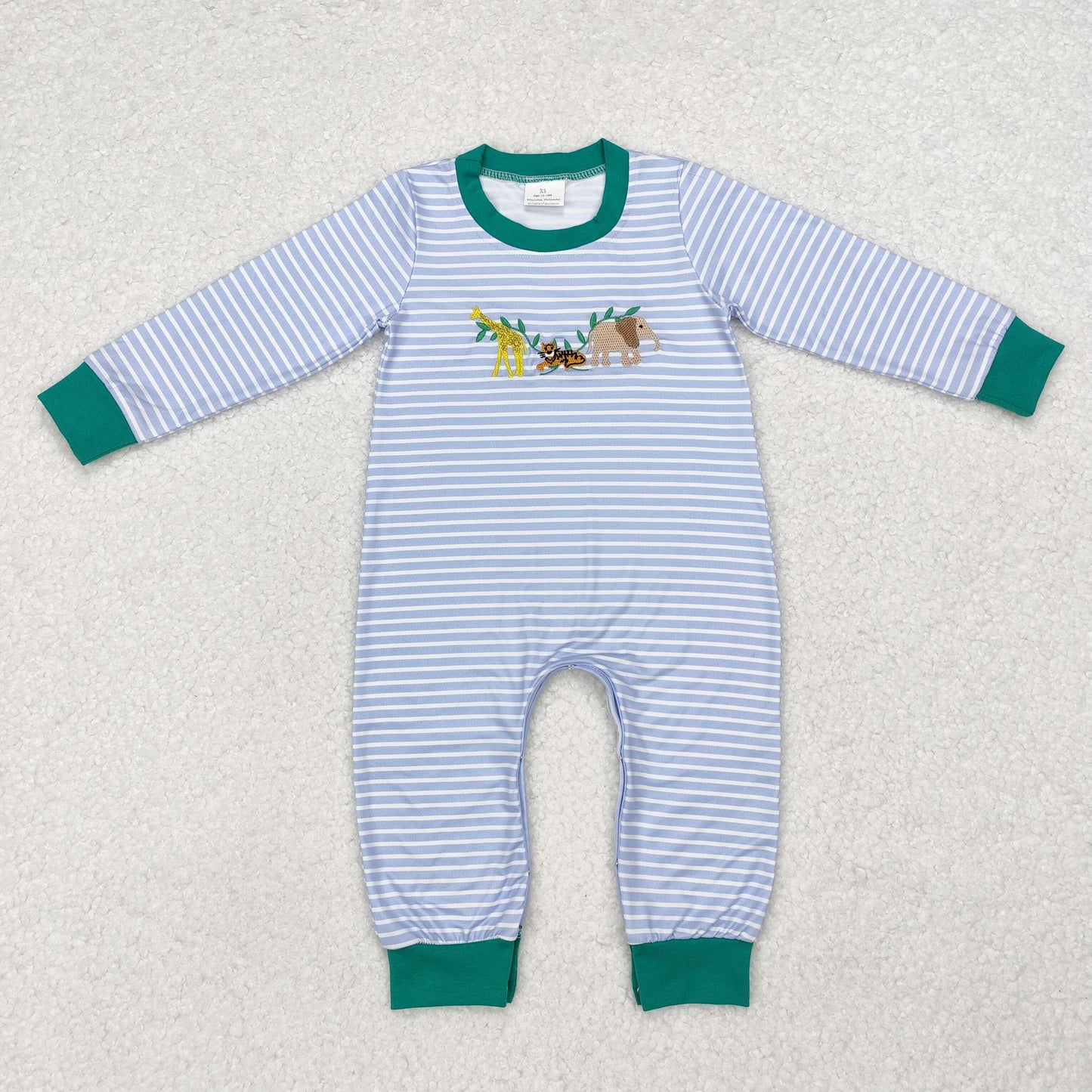 Blue Stripe Embroidery Animal Giraffe Tiger Long Sleeve Romper