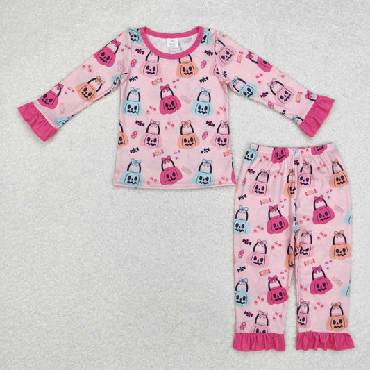 Halloween pink pumpkin Print Long Sleeve Pajamas ( material contains bamboo )