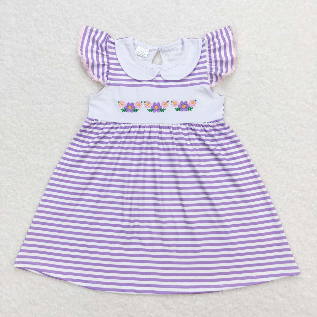 purple striped floral embroidery Girls dress