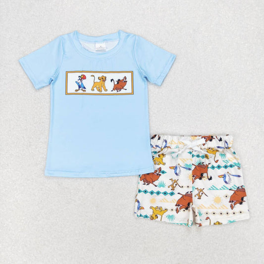 Blue lion print short sleeve boy set