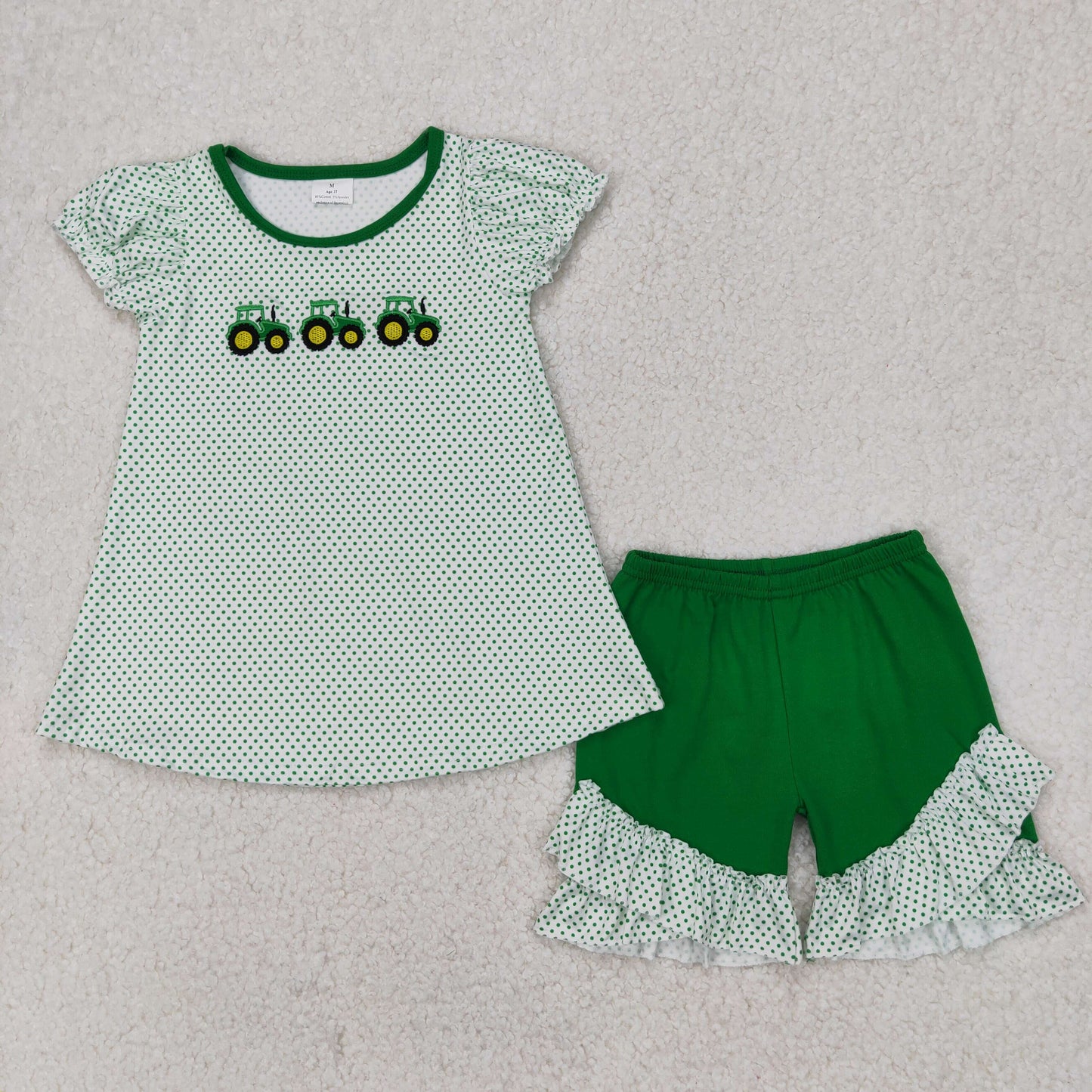 Green stripe tractor embroidery Girls Set GSSO2268