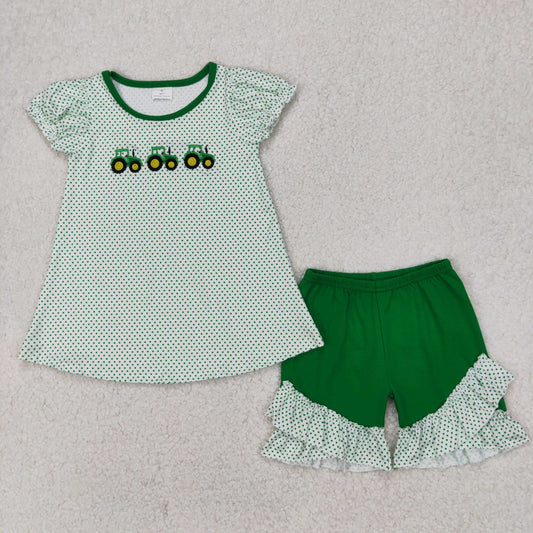 Green stripe tractor embroidery Girls Set GSSO2268