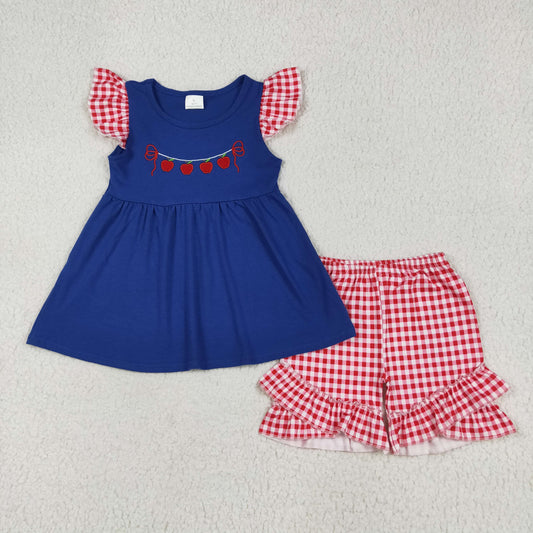 navy Apple embroidery Girls Suit Summer Set GSSO2314