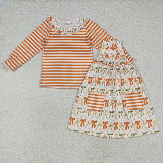 orange green bows print Girls Set