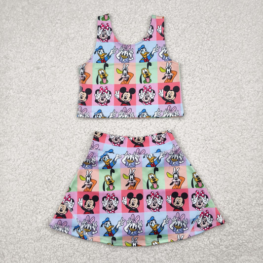 colorful plaid cartoon yoga sleeveless girl set