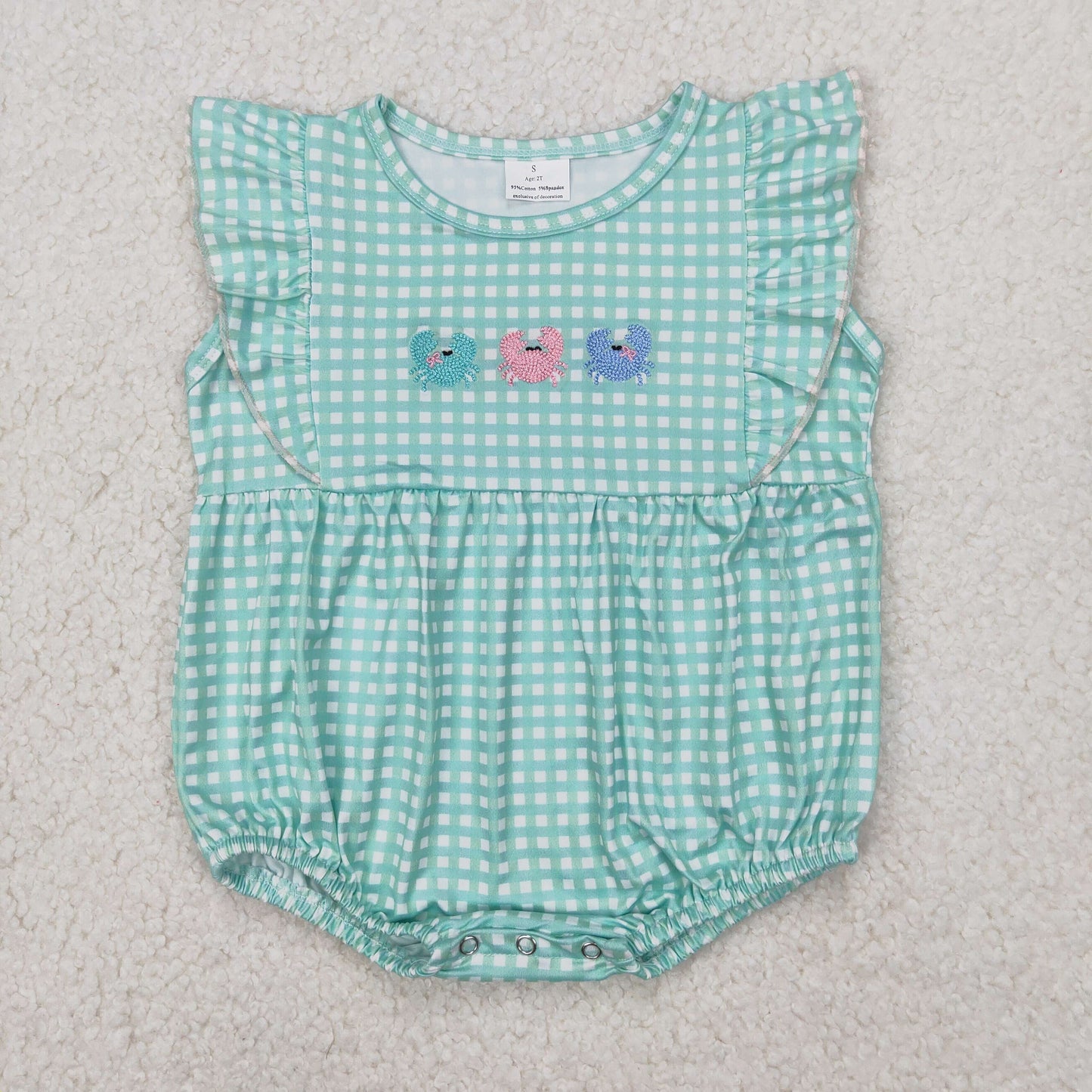 Green plaid crab embroidery Baby RomperSR2659