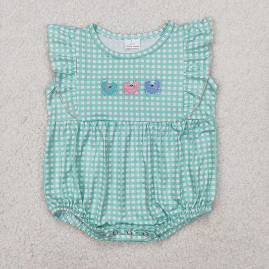 Green plaid crab embroidery Baby RomperSR2659