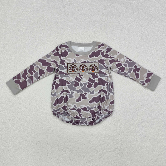Thanksgiving turkey embroidered in camouflage Long Sleeve Romper