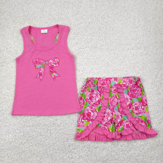 Hot pink floral bow embroidery sleeveless girl set
