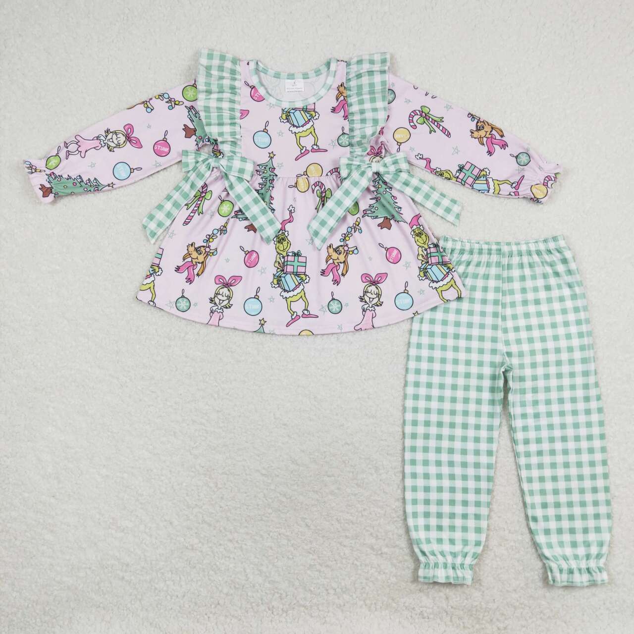 Christmas Cartoon Green plaid Print Girls Set
