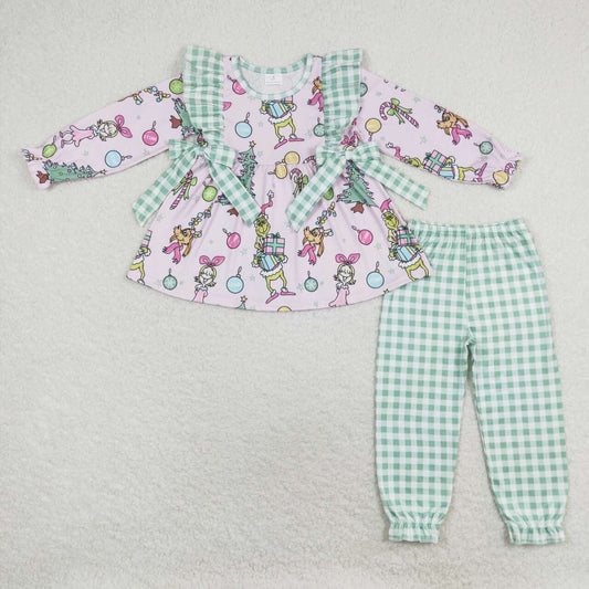 Christmas Cartoon Green plaid Print Girls Set