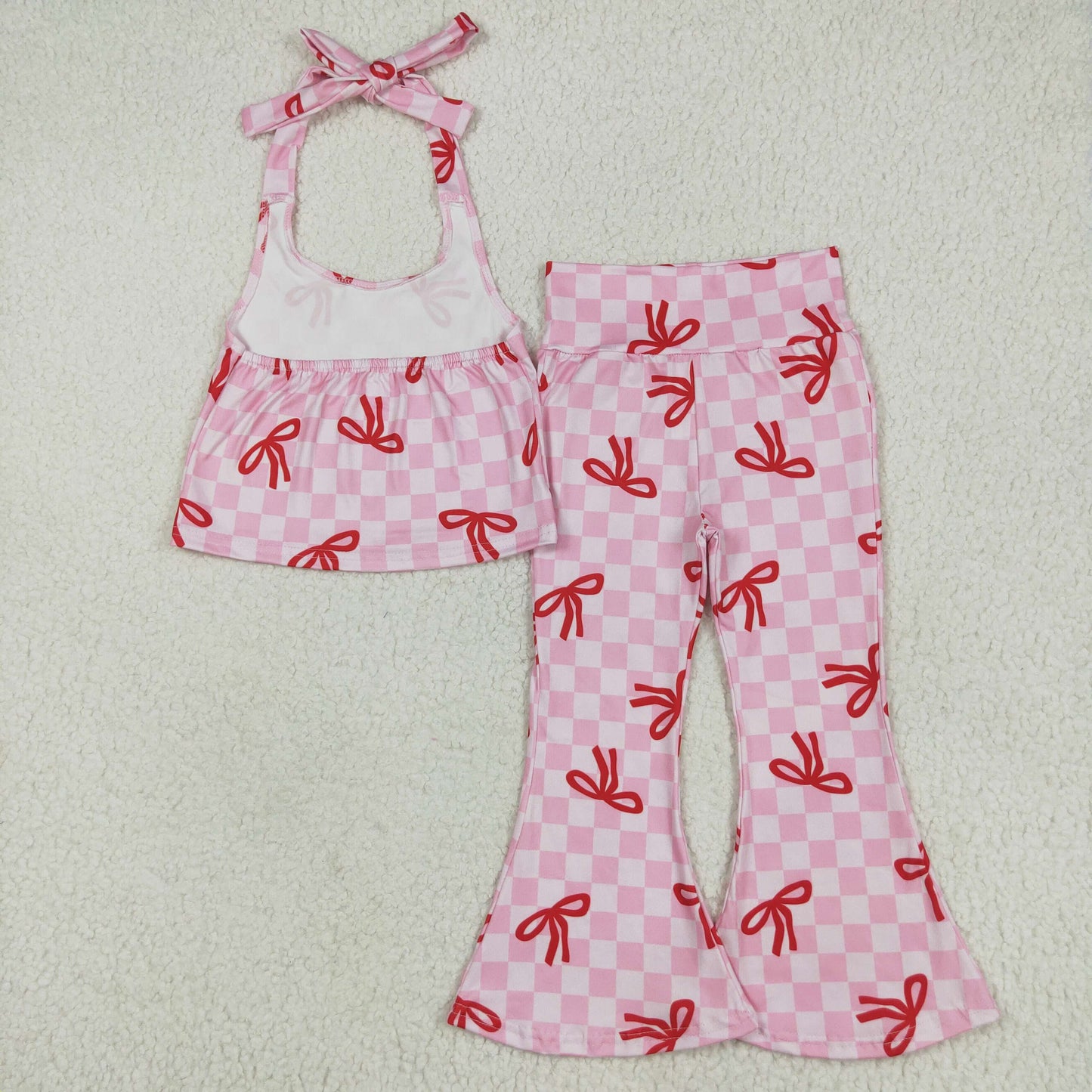 Pink Plaid bows Girls Suit Summer SetGSPO2030