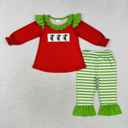 Christmas Red Cartoon Green Stripe Print Girls Set
