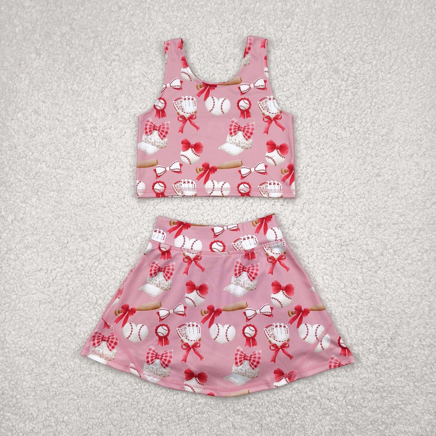 Pink baseball bows yoga sleeveless print girl set