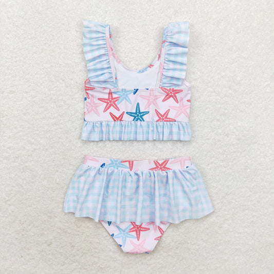 2pc blue Starfish print short sleeve Swimsuit