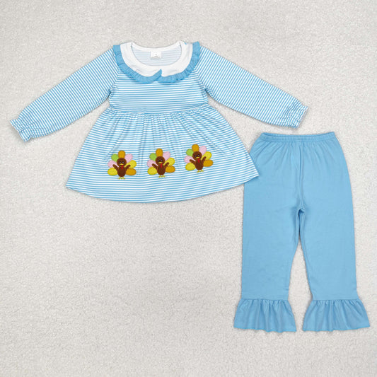 Thanksgiving Embroidered Turkey blue stripe Girls Outfits