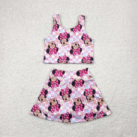Pink Cartoon print sleeveless girl yoga set