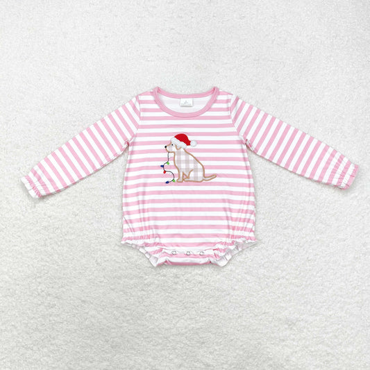 Christmas Pink Stripe Embroidered Dog Baby long Romper