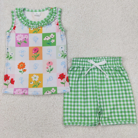 Green plaid Summer floral Print Girls SetGSSO2415
