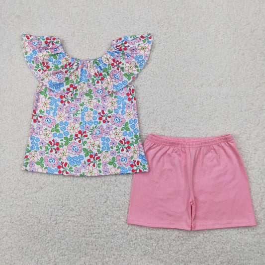 Summer blue flowers short sleeve girls Set