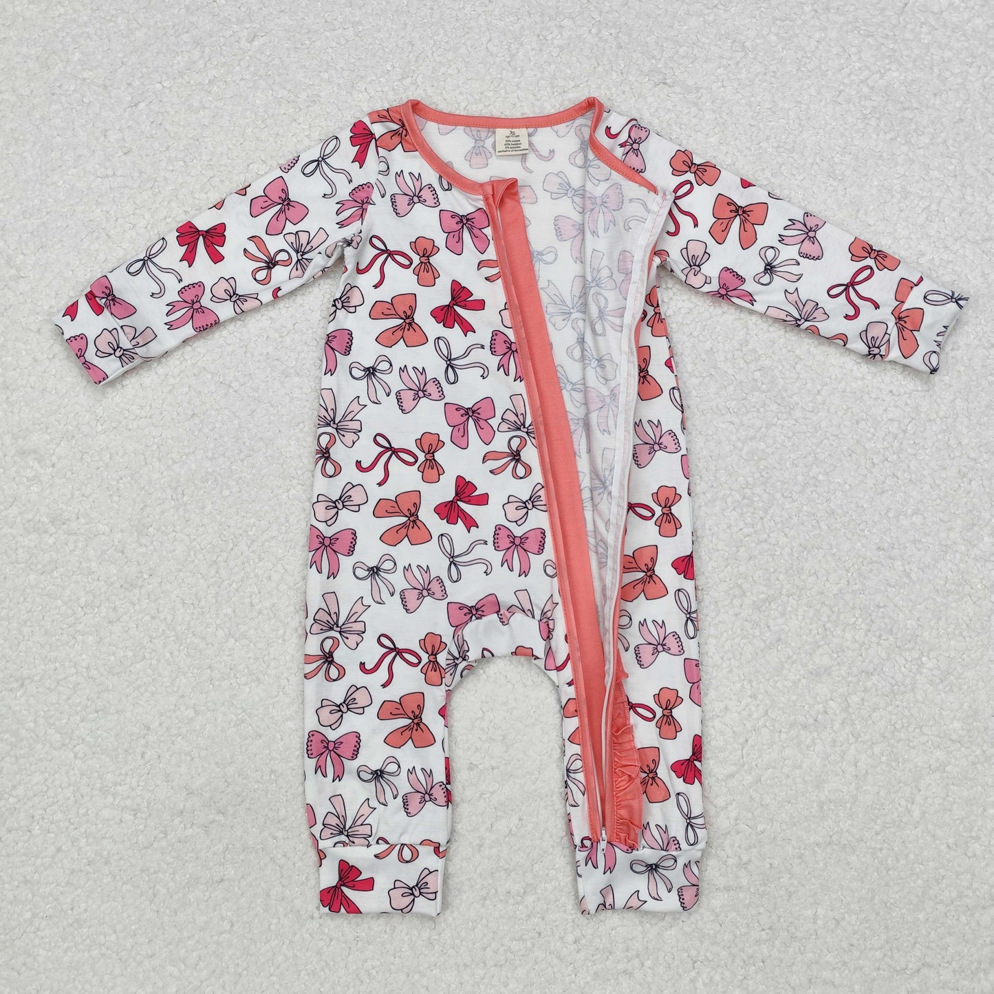 Pink bow print Baby Romper With zipper( material contains bamboo )