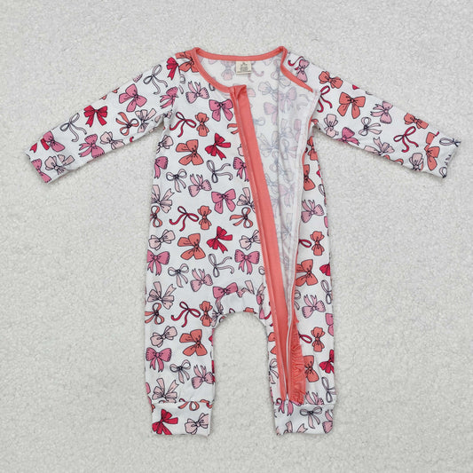 Pink bow print Baby Romper With zipper( material contains bamboo ļ¼