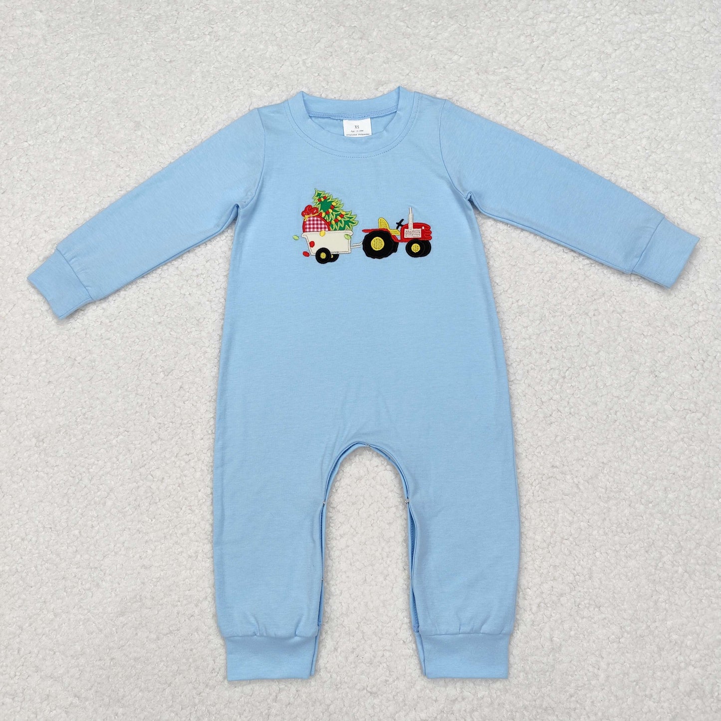 Christmas Embroidered Blue Car Tree Baby long Romper
