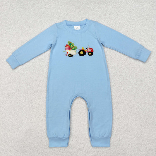 Christmas Embroidered Blue Car Tree Baby long Romper