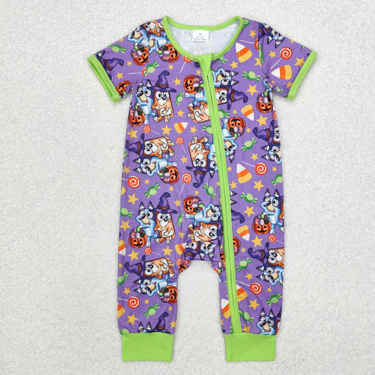 Halloween purple dog print Baby Romper With zipper( material contains bamboo )