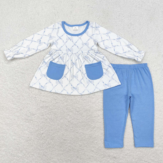 Fall Blue bow pattern leggings Pants Girls Set