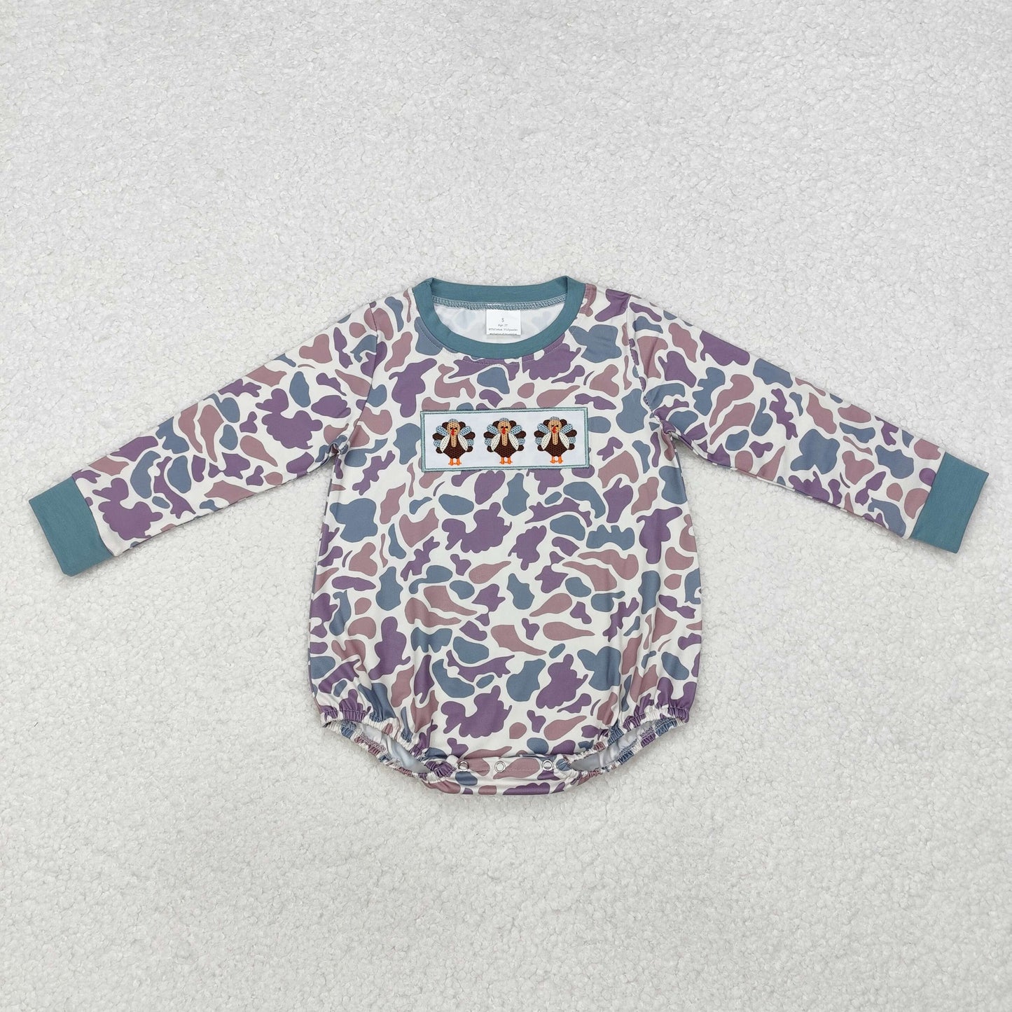Thanksgiving Turkey Embroidered Camo Baby long Romper