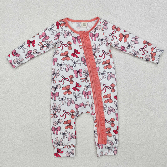 Pink bow print Baby Romper With zipper( material contains bamboo ļ¼
