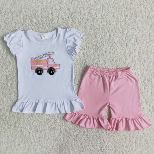 Embroidery pink firetruck summer set